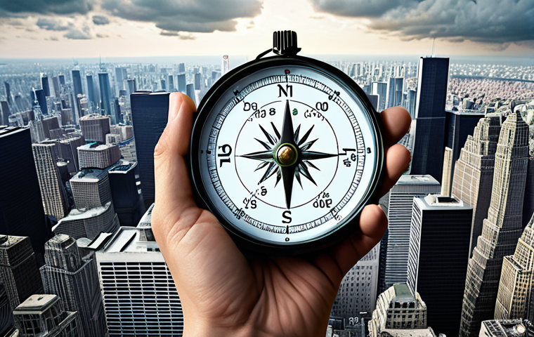 **
A person holding a compass, navigating a chaotic cityscape filled with fluctuating stock charts, rising and falling interest rate graphs, and news headlines about economic crises. The overall mood is one of complexity but with a sense of guided direction.
**