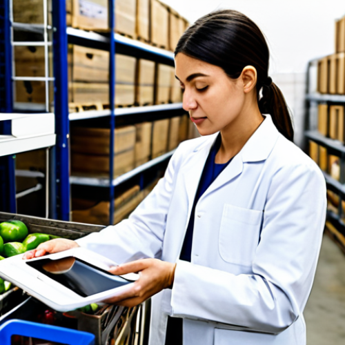 Home 17 A professional food quality inspector, fully clothed in a modest lab coat, uses a tablet to scan a QR code on a crate of fresh, organic vegetables in a clean, brightly lit food distribution warehouse. The tablet screen displays an intricate, transparent blockchain ledger, showing the produce's full journey from a French farm to the warehouse, with verified timestamps and locations. The inspector has a focused, professional expression, ensuring food authenticity. The background features stacks of neatly organized, fresh produce and modern logistics equipment, all in appropriate attire, safe for work, professional, perfect anatomy, correct proportions, natural pose, well-formed hands, proper finger count, natural body proportions, high-quality professional photography.