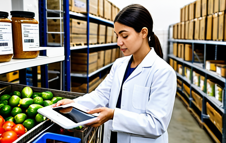 A professional food quality inspector, fully clothed in a modest lab coat, uses a tablet to scan a QR code on a crate of fresh, organic vegetables in a clean, brightly lit food distribution warehouse. The tablet screen displays an intricate, transparent blockchain ledger, showing the produce's full journey from a French farm to the warehouse, with verified timestamps and locations. The inspector has a focused, professional expression, ensuring food authenticity. The background features stacks of neatly organized, fresh produce and modern logistics equipment, all in appropriate attire, safe for work, professional, perfect anatomy, correct proportions, natural pose, well-formed hands, proper finger count, natural body proportions, high-quality professional photography.