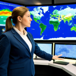 A professional meteorologist, a woman in a modest business suit, stands confidently in a high-tech weather forecasting control room. Large, luminous screens behind her display intricate, colorful weather models and real-time satellite imagery of Europe. She is looking at a screen, gesturing calmly with her well-formed hands, surrounded by modern computing equipment. The atmosphere is clean, organized, and focused, emphasizing scientific expertise and advanced technology. This image is safe for work, appropriate content, fully clothed, professional dress, perfect anatomy, correct proportions, natural pose, professional photography, high quality, natural body proportions.