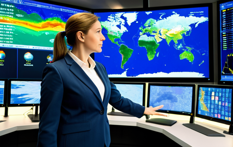 A professional meteorologist, a woman in a modest business suit, stands confidently in a high-tech weather forecasting control room. Large, luminous screens behind her display intricate, colorful weather models and real-time satellite imagery of Europe. She is looking at a screen, gesturing calmly with her well-formed hands, surrounded by modern computing equipment. The atmosphere is clean, organized, and focused, emphasizing scientific expertise and advanced technology. This image is safe for work, appropriate content, fully clothed, professional dress, perfect anatomy, correct proportions, natural pose, professional photography, high quality, natural body proportions.
