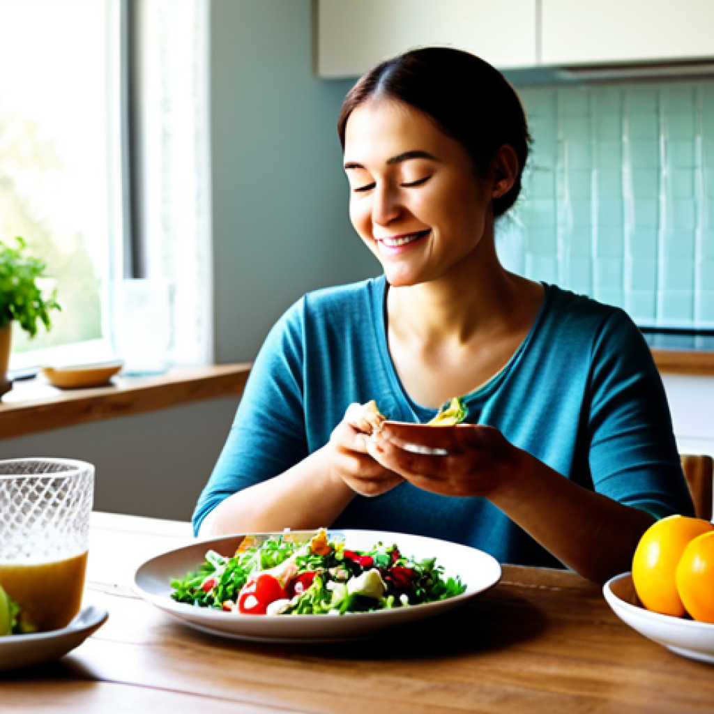A serene person in modest, comfortable attire, seated at a rustic wooden table in a sunlit kitchen, gently holding a fork over a vibrant, colorful salad bowl filled with fresh vegetables, fruits, and lean protein. A glass of water and a small portion of whole-grain bread are also on the table. The atmosphere is peaceful and inviting, emphasizing mindful eating and nourishment. The person has a gentle, content expression. Perfect anatomy, correct proportions, natural pose, well-formed hands, proper finger count, natural body proportions. Fully clothed, appropriate attire, modest clothing, safe for work, appropriate content, family-friendly, professional photography, high quality.