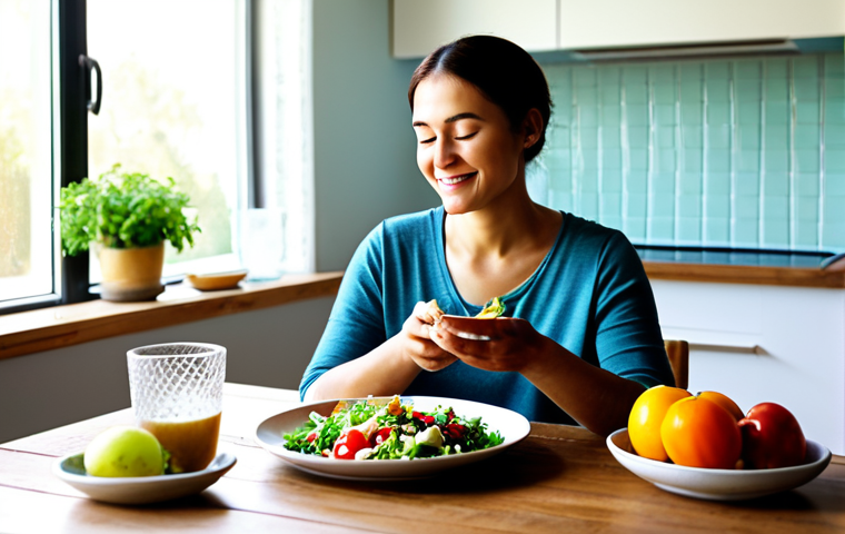 A serene person in modest, comfortable attire, seated at a rustic wooden table in a sunlit kitchen, gently holding a fork over a vibrant, colorful salad bowl filled with fresh vegetables, fruits, and lean protein. A glass of water and a small portion of whole-grain bread are also on the table. The atmosphere is peaceful and inviting, emphasizing mindful eating and nourishment. The person has a gentle, content expression. Perfect anatomy, correct proportions, natural pose, well-formed hands, proper finger count, natural body proportions. Fully clothed, appropriate attire, modest clothing, safe for work, appropriate content, family-friendly, professional photography, high quality.