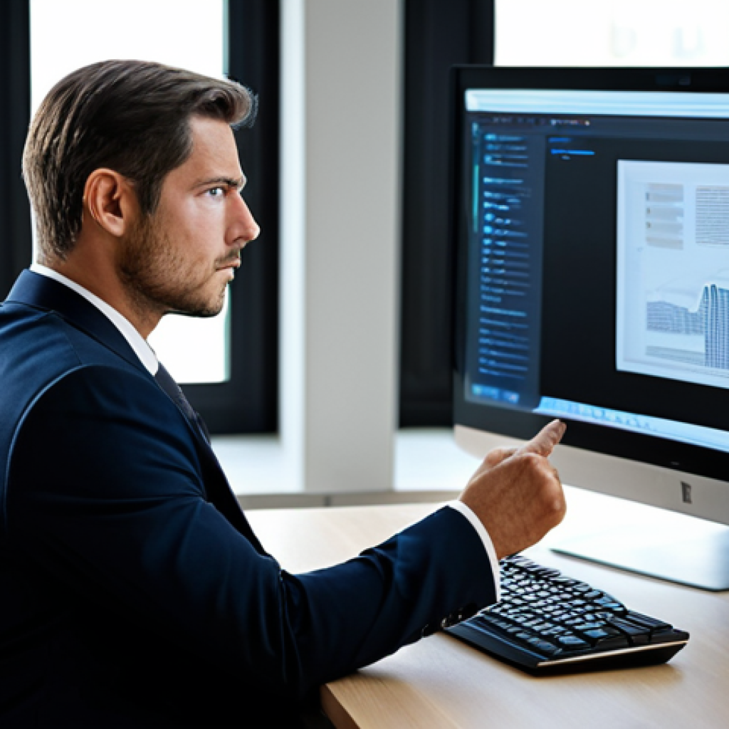A focused business professional in a modest, dark business suit, fully clothed, sitting at a clean, modern office desk, carefully examining content on a large computer monitor. The background is a blurred, professional office environment with natural light. The subject's expression is serious and discerning, conveying vigilance against digital threats. Perfect anatomy, correct proportions, natural pose, well-formed hands, proper finger count, natural body proportions, professional photography, high-resolution, safe for work, appropriate content, professional dress, family-friendly.