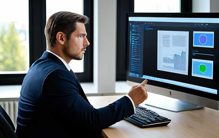 A focused business professional in a modest, dark business suit, fully clothed, sitting at a clean, modern office desk, carefully examining content on a large computer monitor. The background is a blurred, professional office environment with natural light. The subject's expression is serious and discerning, conveying vigilance against digital threats. Perfect anatomy, correct proportions, natural pose, well-formed hands, proper finger count, natural body proportions, professional photography, high-resolution, safe for work, appropriate content, professional dress, family-friendly.