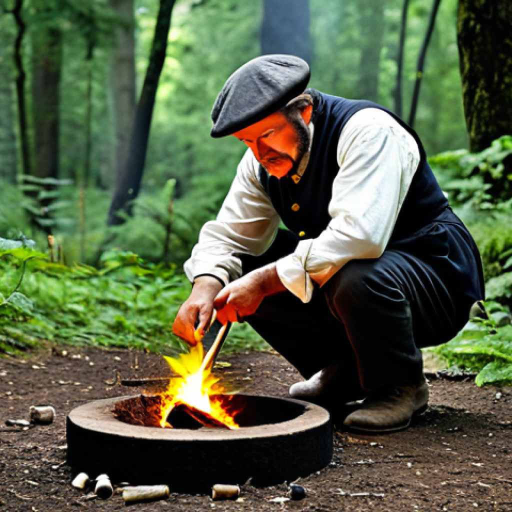 Fire Making**

"A skilled artisan, fully clothed in modest, historical attire, demonstrating the flint and striker fire starting technique in a lush forest setting, appropriate content, safe for work, perfect anatomy, natural proportions, well-formed hands, proper finger count, professional, high-quality image."

**