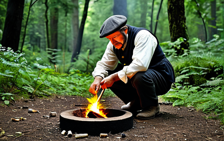 Fire Making**
"A skilled artisan, fully clothed in modest, historical attire, demonstrating the flint and striker fire starting technique in a lush forest setting, appropriate content, safe for work, perfect anatomy, natural proportions, well-formed hands, proper finger count, professional, high-quality image."
**