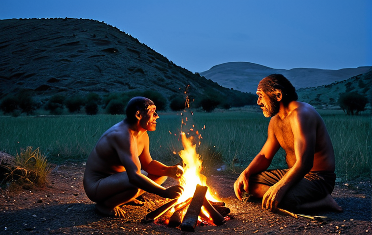 인류의 기원 - Image Prompt 1: "Crossing Paths: Neanderthals and Us"**
