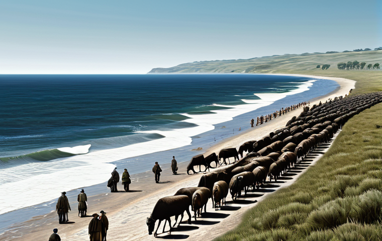 인류의 기원 - A richly detailed, panoramic scene depicting a peaceful encounter between a small group of early *Ho...