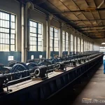 Home 22 산업 혁명 - **The Heart of the Industrial Factory:**
A panoramic view inside a bustling 19th-century textile...