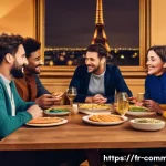 Home 19 상식 퀴즈 - A cozy, modern living room scene where a diverse group of French friends gather around a table enjoy...