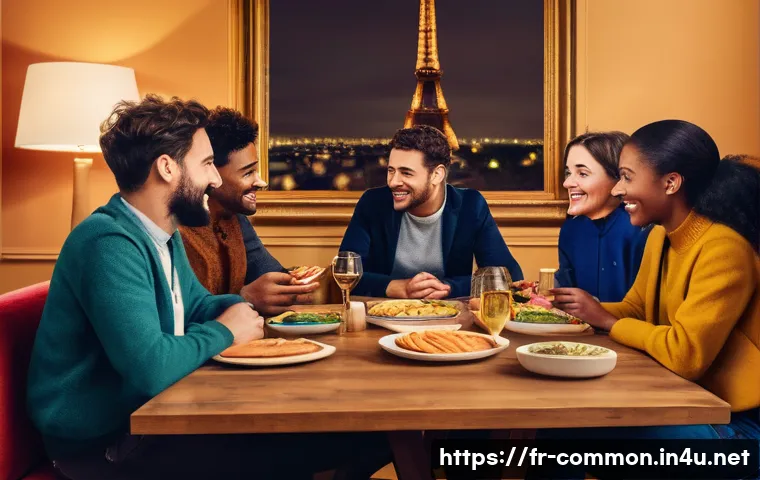 상식 퀴즈 - A cozy, modern living room scene where a diverse group of French friends gather around a table enjoy...