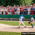 Home 18 야구 역사 - A vibrant scene of a French amateur baseball game in a sunny regional park near Paris, featuring div...