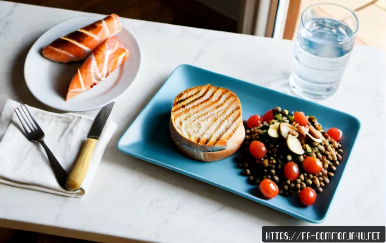 영양 상식 - Photorealistic French nutrition education scene, overhead view of a clean kitchen table with a balan...