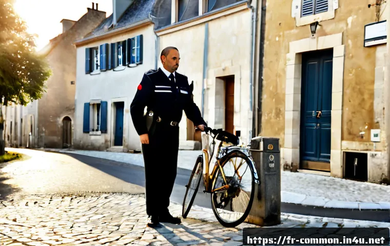 Home 17 세계의 신기한 법 - Photorealistic editorial scene in a quiet French village street at sunrise, a thoughtful adult cycli...