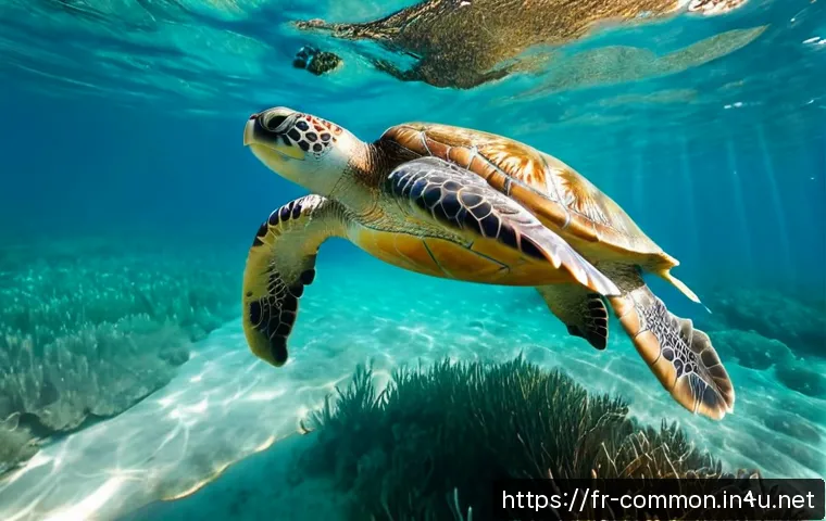 Home 17 해양 생물 - Photorealistic underwater scene of a graceful green sea turtle gliding above a Mediterranean seagras...