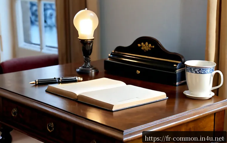 Home 17 명작 문학 - Photorealistic still life of a timeless French literary classic open on a polished walnut writing de...